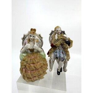 Seated Courting Couple Figurines Porcelain w/ Lace 4" Set Of 2